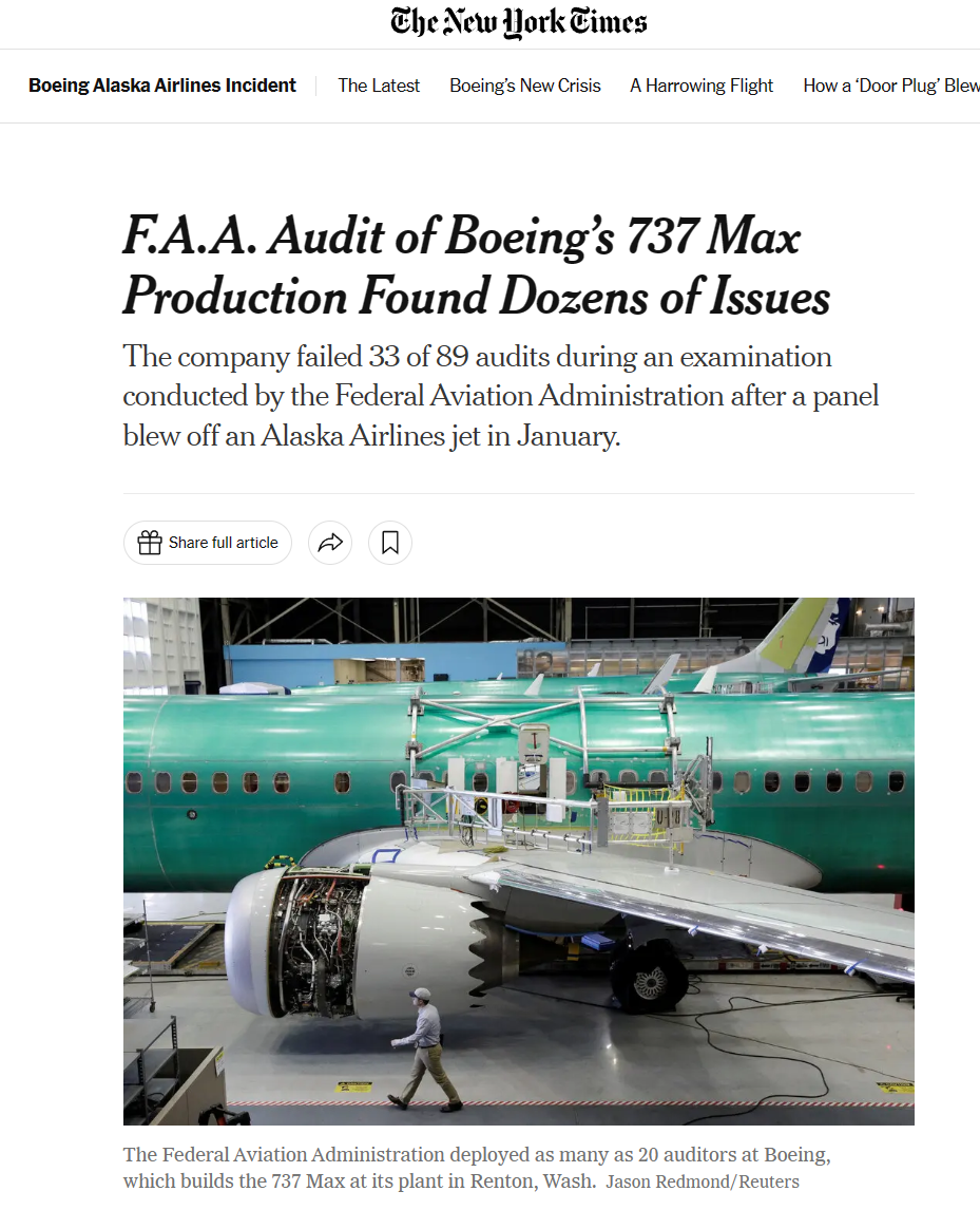 美国 FAA 对波音 737 Max 客机调查报告出炉:33 项审计未通过,占比超 37%