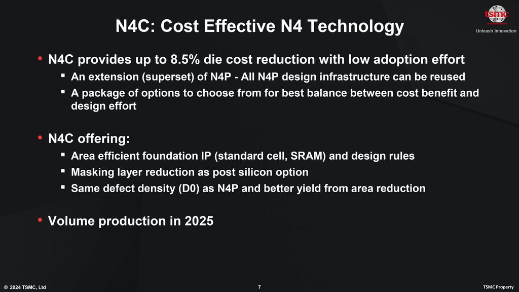 台积电计划 2025 年推出 N4C 工艺,相比 N4P 成本最高降幅 8.5%