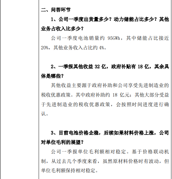 宁德时代一季度电池销量约 95GWh,储能占比近 20%