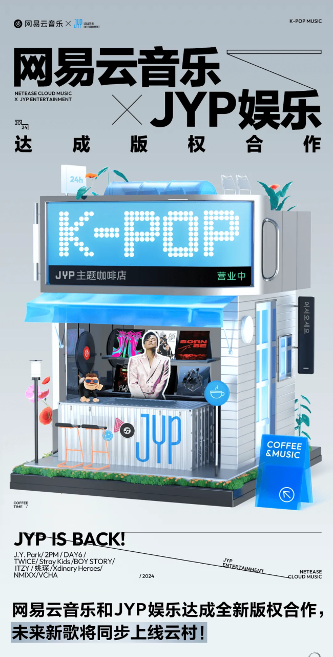 网易云音乐与韩国 JYP 娱乐达成版权合作,TWICE、2PM、ITZY 等组合作品回归