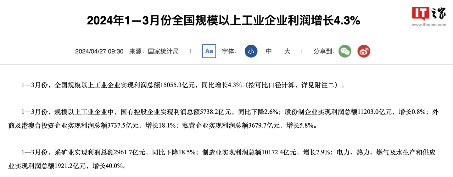 国家统计局:1-3 月份计算机、通信和其他电子设备制造业利润增长 82.5%