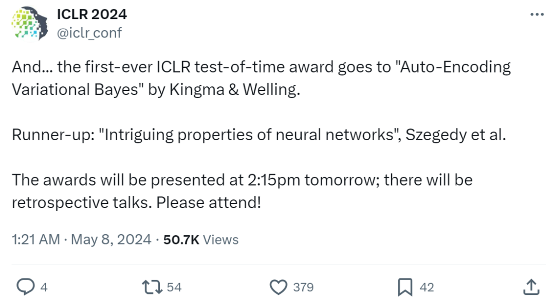 10年前VAE经典论文获奖,ICLR 2024首个时间检验奖公布