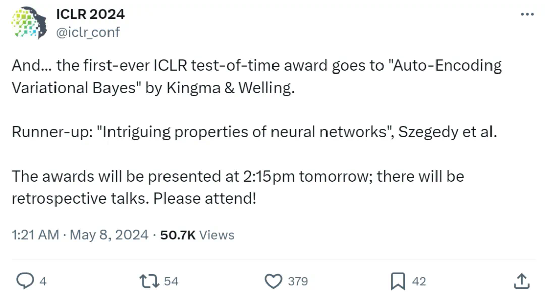 10年前VAE经典论文获奖,ICLR 2024首个时间检验奖公布