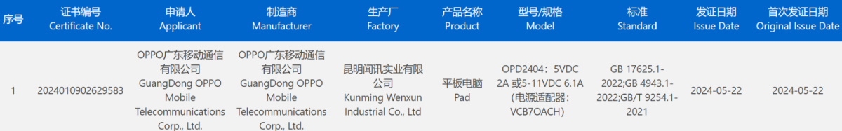 骁龙8 Gen 3处理器加持!OPPO Pad 3平板通过3C认证,支持67W快充