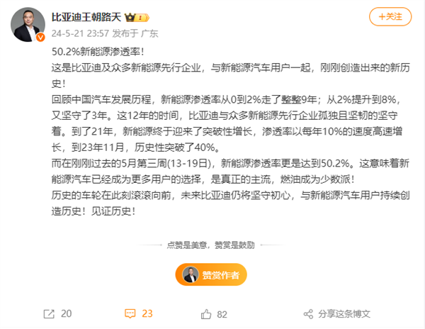 燃油车成少数派,比亚迪:新能源汽车渗透率超50%