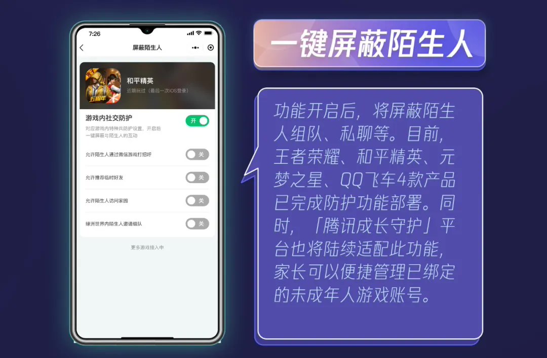 腾讯游戏宣布上线“一键屏蔽陌生人”功能,还支持一键禁玩禁充、自我账号管理、绿色手机上报