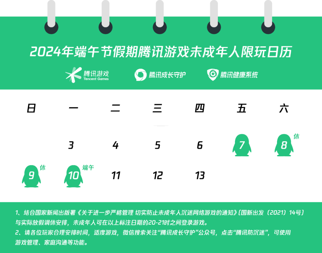 腾讯游戏 2024 年端午节假期未成年人游戏限玩通知发布:共 4 小时,每天 1 小时