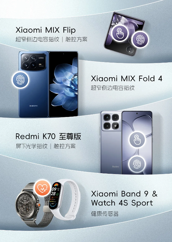 小米MIX Fold 4、Flip折叠屏及Redmi K70至尊版，均配备汇顶先进指纹方案