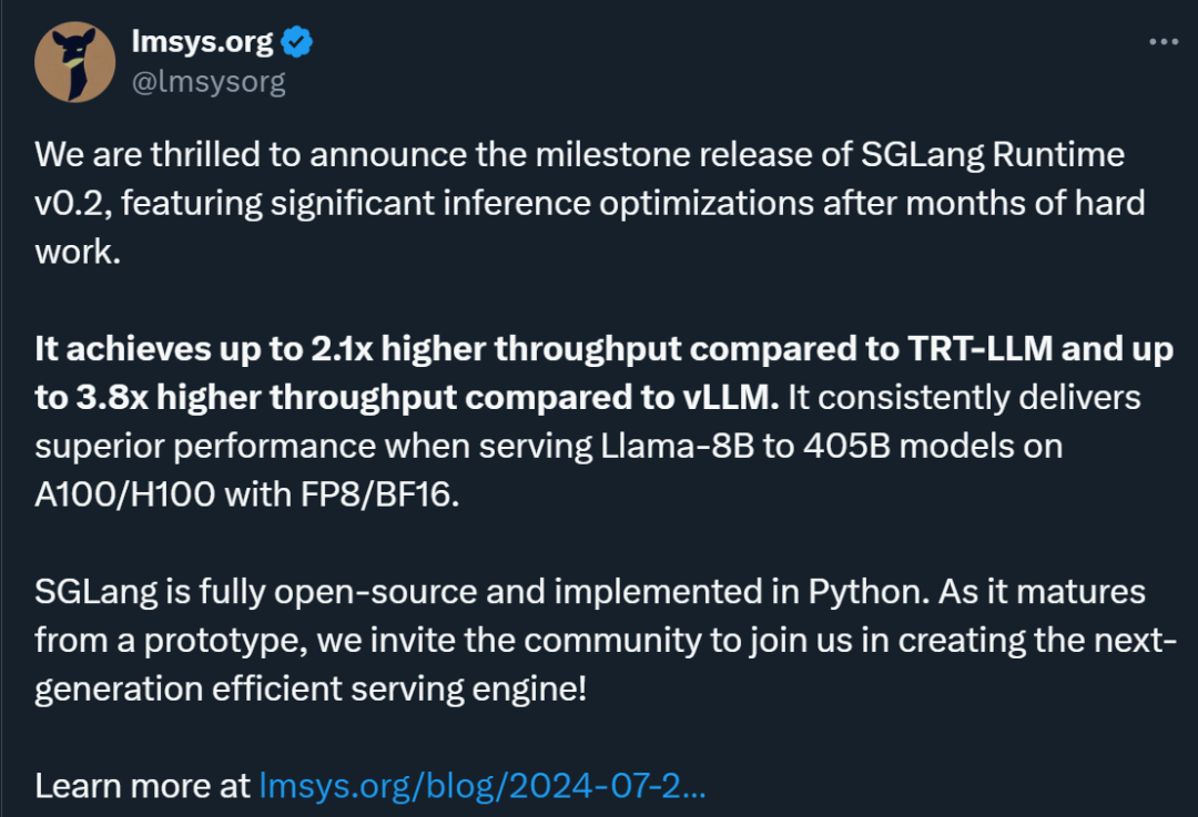 贾扬清点赞:3K star量的SGLang上新,加速Llama 405B推理秒杀vLLM、TensorRT-LLM