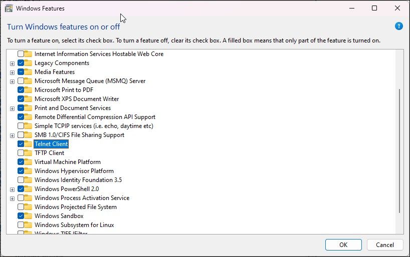 在Windows 10/11中启用Telnet的方法