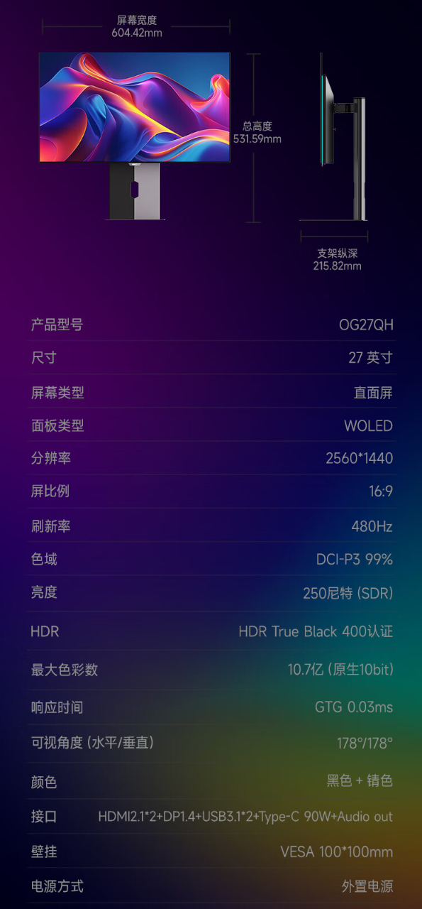 HKC 27 英寸显示器 OG27QH 开启预售:2K 480Hz、WOLED 面板,首发 5999 元