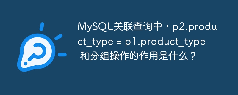 MySQL关联查询中,p2.product_type = p1.product_type 和分组操作的作用是什么?