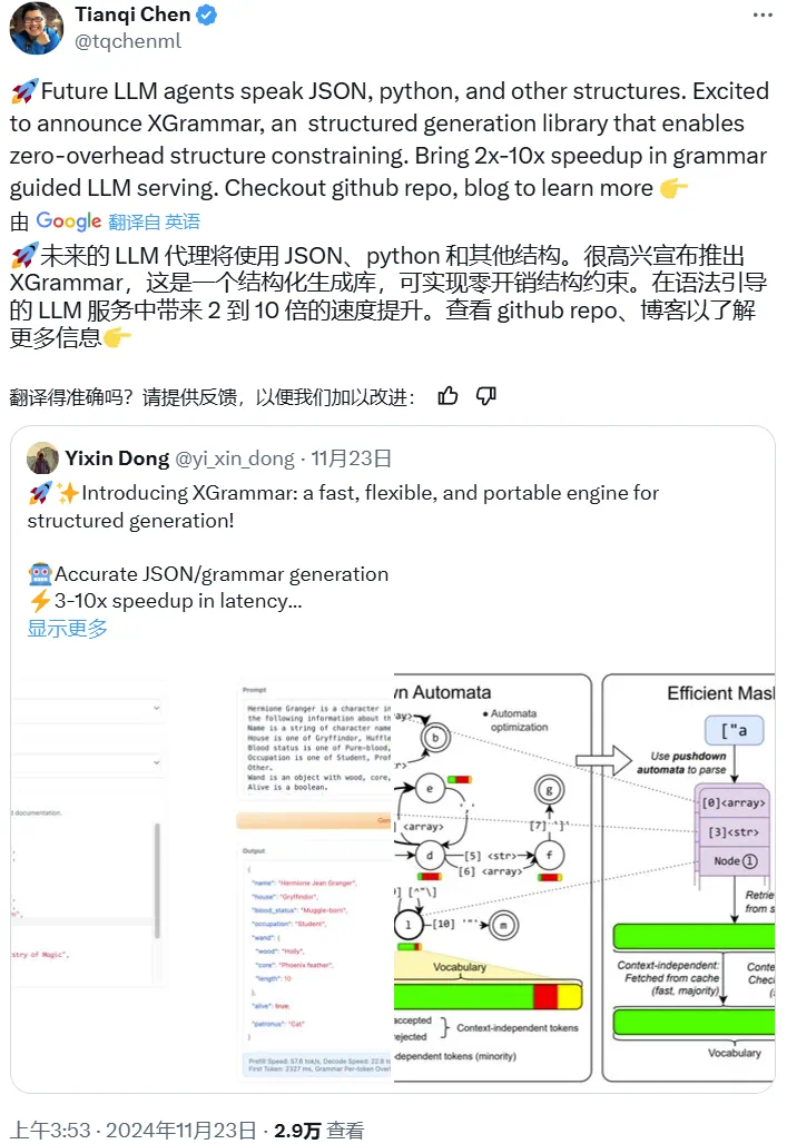 陈天奇团队LLM结构化生成新引擎XGrammar:百倍加速、近零开销