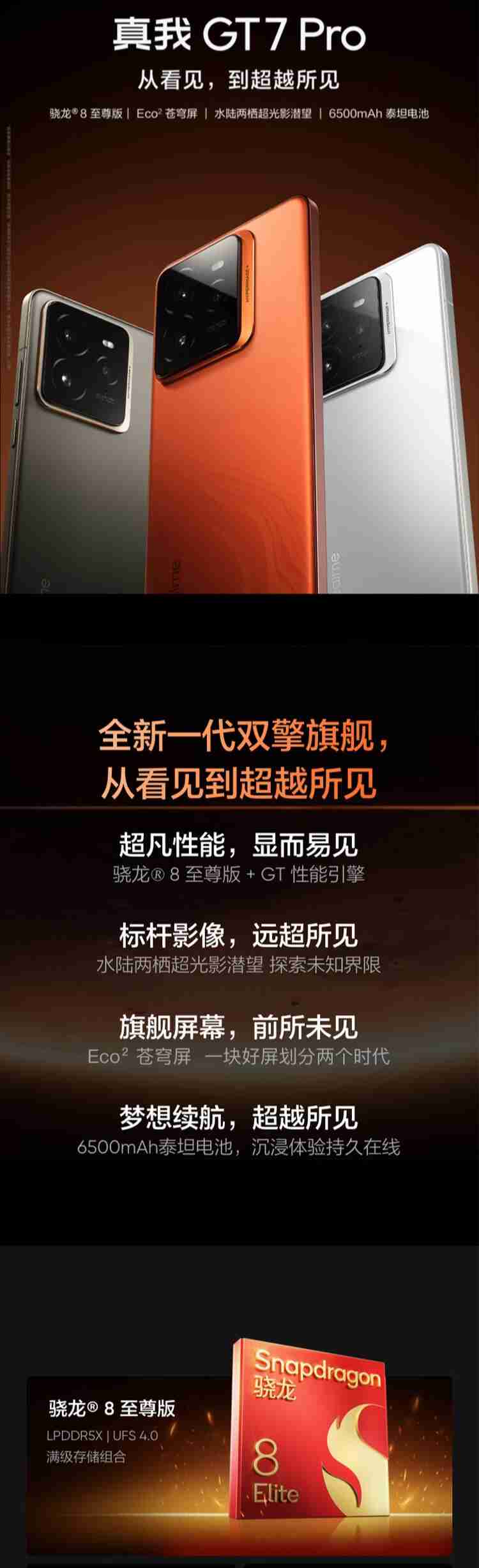 realme 真我 GT7 Pro 手机首销:骁龙 8 至尊版、6500mAh 电池,首发 3599 元起