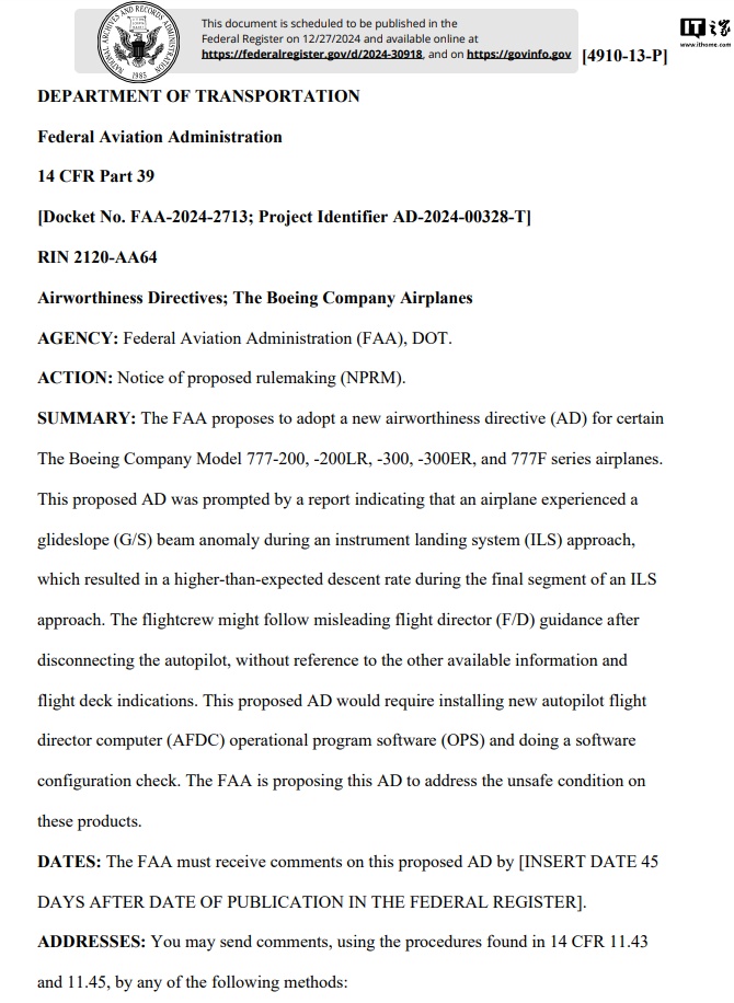 波音 777 再次出现隐患,美国 FAA 发布最新适航指令