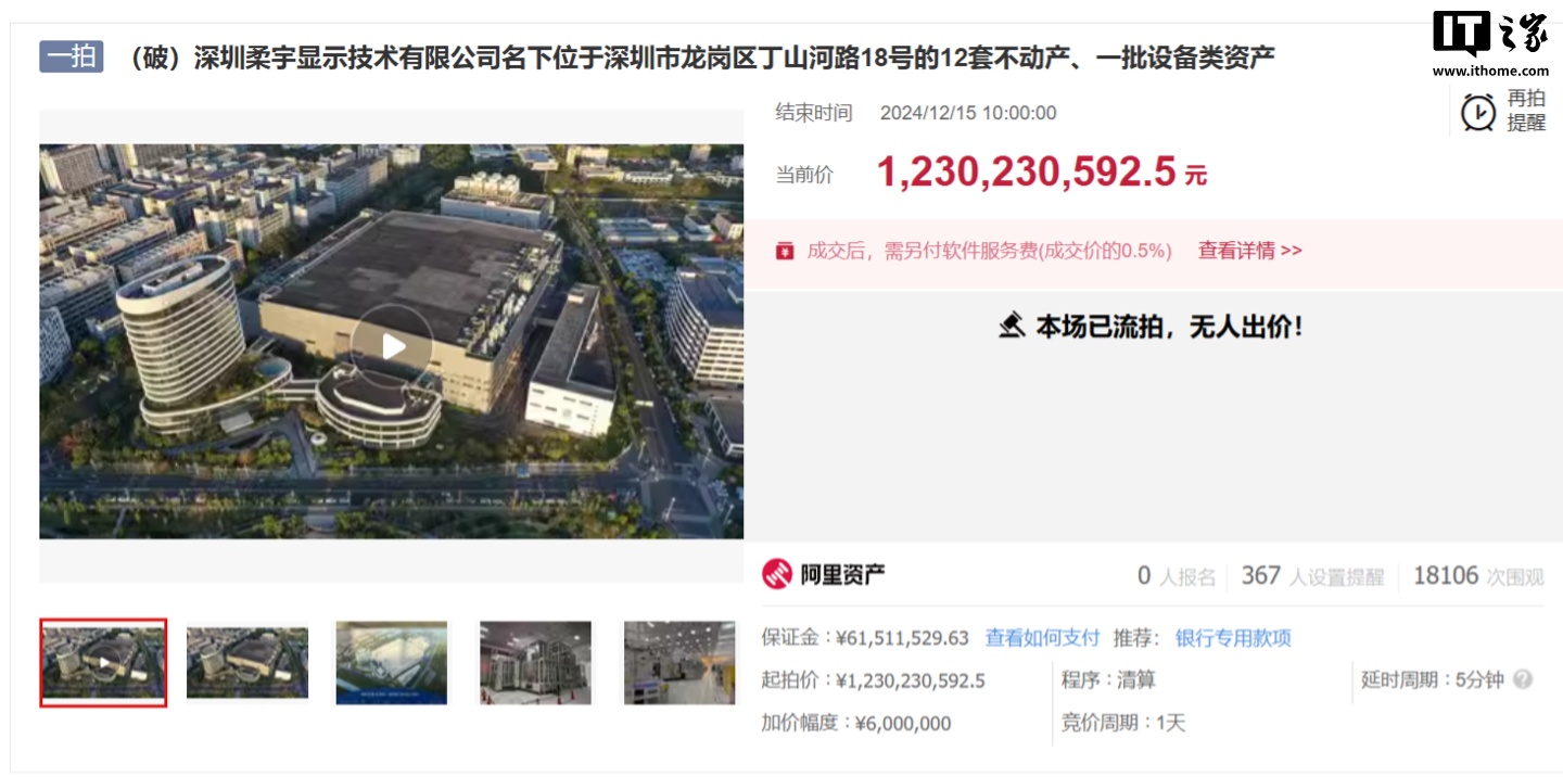 起拍价 12.3 亿元,柔宇显示名下资产因无人出价而流拍