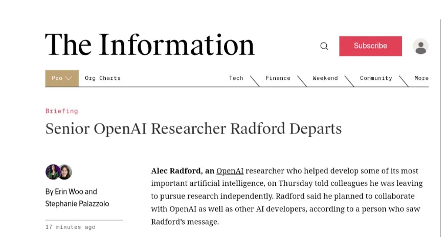 刚刚,OpenAI元老级研究员Alec Radford离职,他主导了GPT-1、GPT-2的研发
