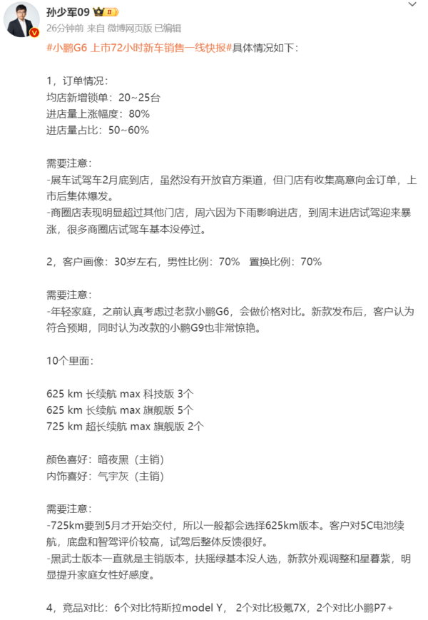 新款小鹏G6首销快报：长续航Max旗舰版最受青睐