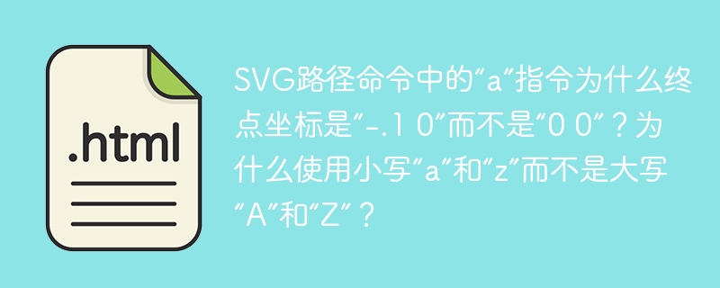 在SVG路径命令中,“a”指令用于绘制椭圆弧线,终点坐标“-.10”是因为采用了相对坐标。小写“a”和“z”的使用是为了表示相对坐标和路径的关闭操作,使路径描述更简洁和灵活。