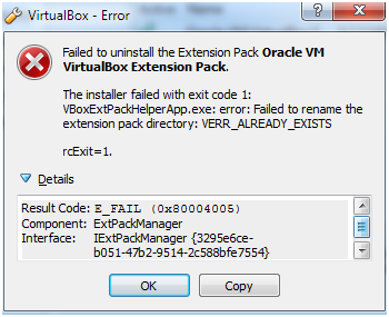 VirtualBox扩展包安装失败(VERR_ALREADY_EXISTS)解决方法