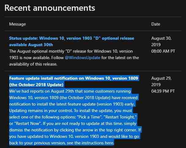 微软证实一些Win10 1809用户提前收到了1903更新