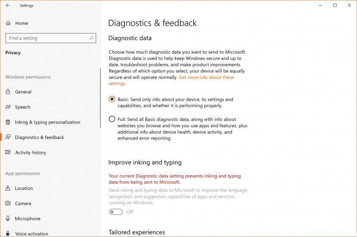 Windows10数据收集自定,用户新选择
