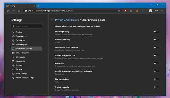 Win10 Edge Canary新增隐私选项，允许用户退出时选择清理数据