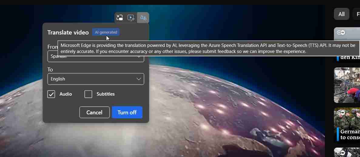 Edge 浏览器 Canary 版测试新特性：视频播放控件新增翻译切换开