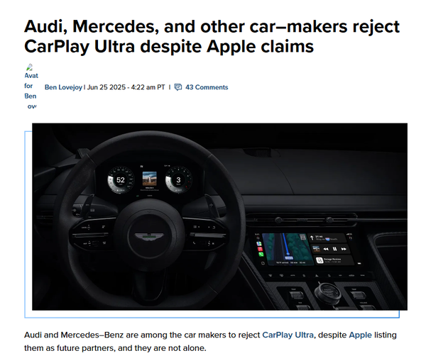 曝多家汽车品牌拒绝苹果CarPlay Ultra 包括奔驰和奥迪
