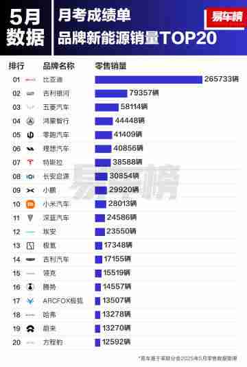 5月新能源品牌销量和品牌销量出炉：比亚迪领跑双榜