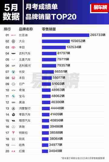 5月新能源品牌销量和品牌销量出炉：比亚迪领跑双榜