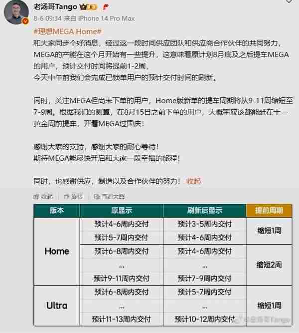 理想：MEGA Home本月目标交付3000台 提车周期缩短