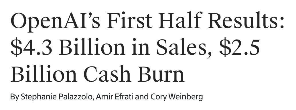 OpenAI 上半年业绩：销售额 43 亿美元、现金消耗 25 亿美元