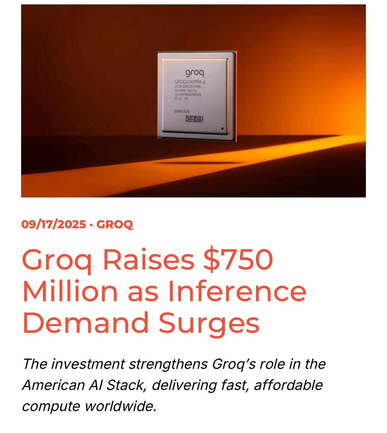 AI创企Groq获7.5亿融资，估值达69亿美元