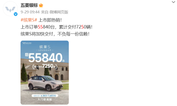 五菱缤果S上市15天累计销量突破15000台 6.68万元起!