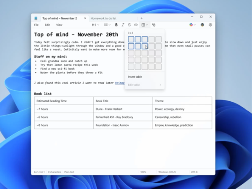 微软 Windows 记事本新功能：可原生创建表格