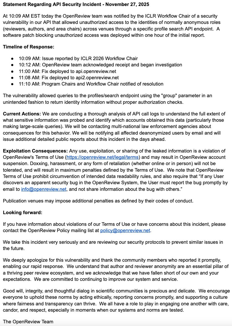 OpenReview 平台因 API 接口存在未授权访问漏洞，导致审稿人数据可公开访问