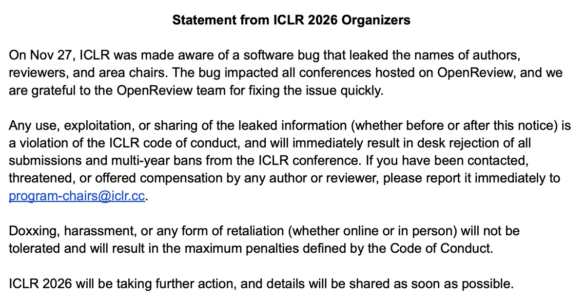 OpenReview 平台因 API 接口存在未授权访问漏洞，导致审稿人数据可公开访问
