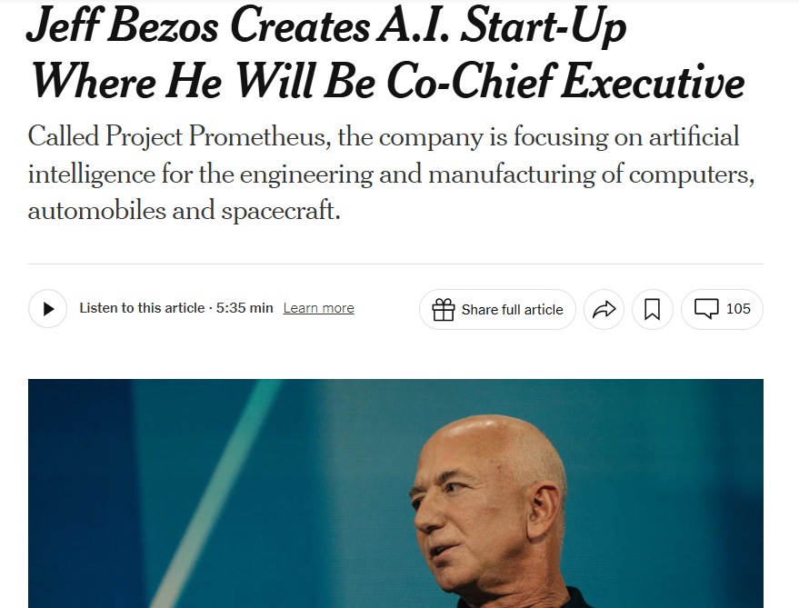 贝佐斯回归任CEO，启动AI项目Prometheus