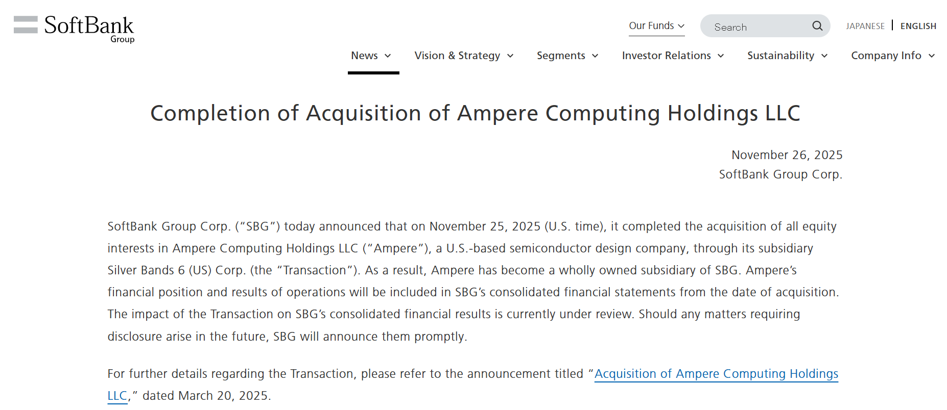 软银集团完成收购半导体设计公司 Ampere Computing