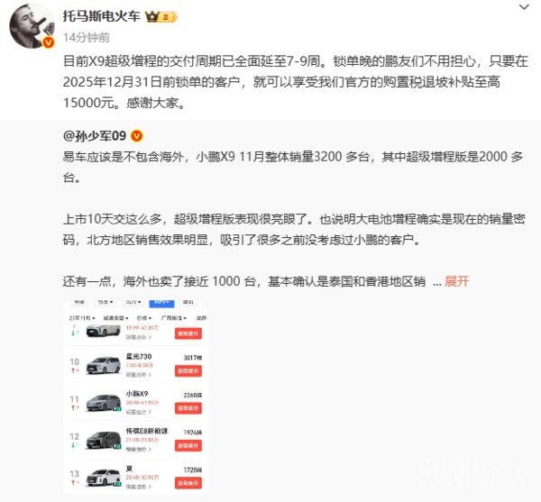 小鹏X9超级增程交付周期延至7-9周 11月销量超2000台