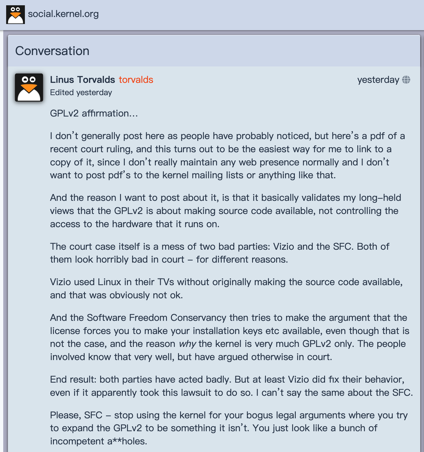 Linus Torvalds 罕见发声：对 GPLv2 的明确声明