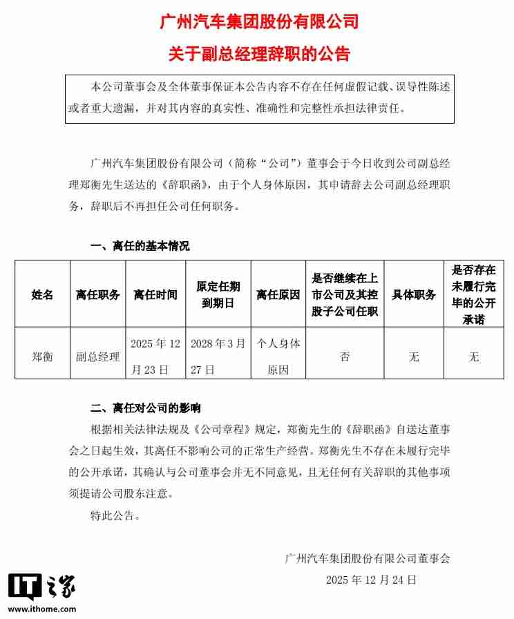 广汽集团：副总经理郑衡因个人身体原因辞职，不再担任公司任何职务