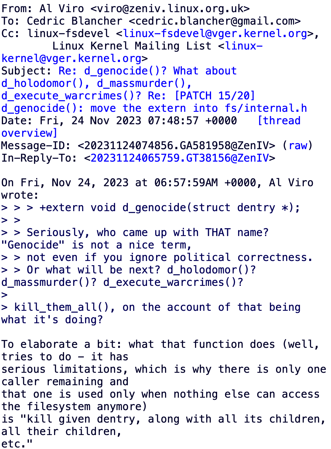 Linux6.19内核移除d_genocide函数原因解析