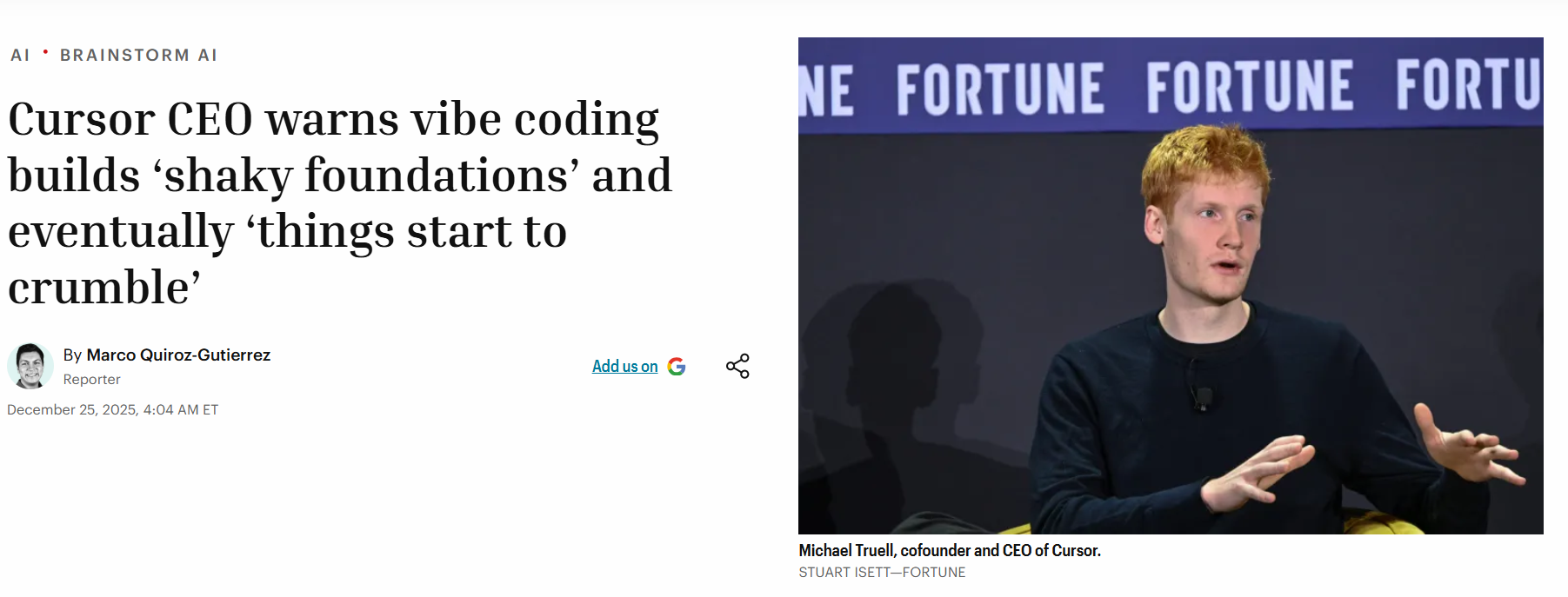 Cursor CEO 警告“氛围编程”风险:盲目依赖 AI 正在构建不稳固的代码地基