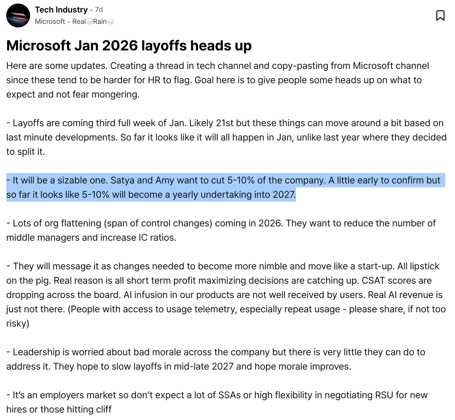 微软即将开启 2026 第一次大规模裁员，预计波及超万人