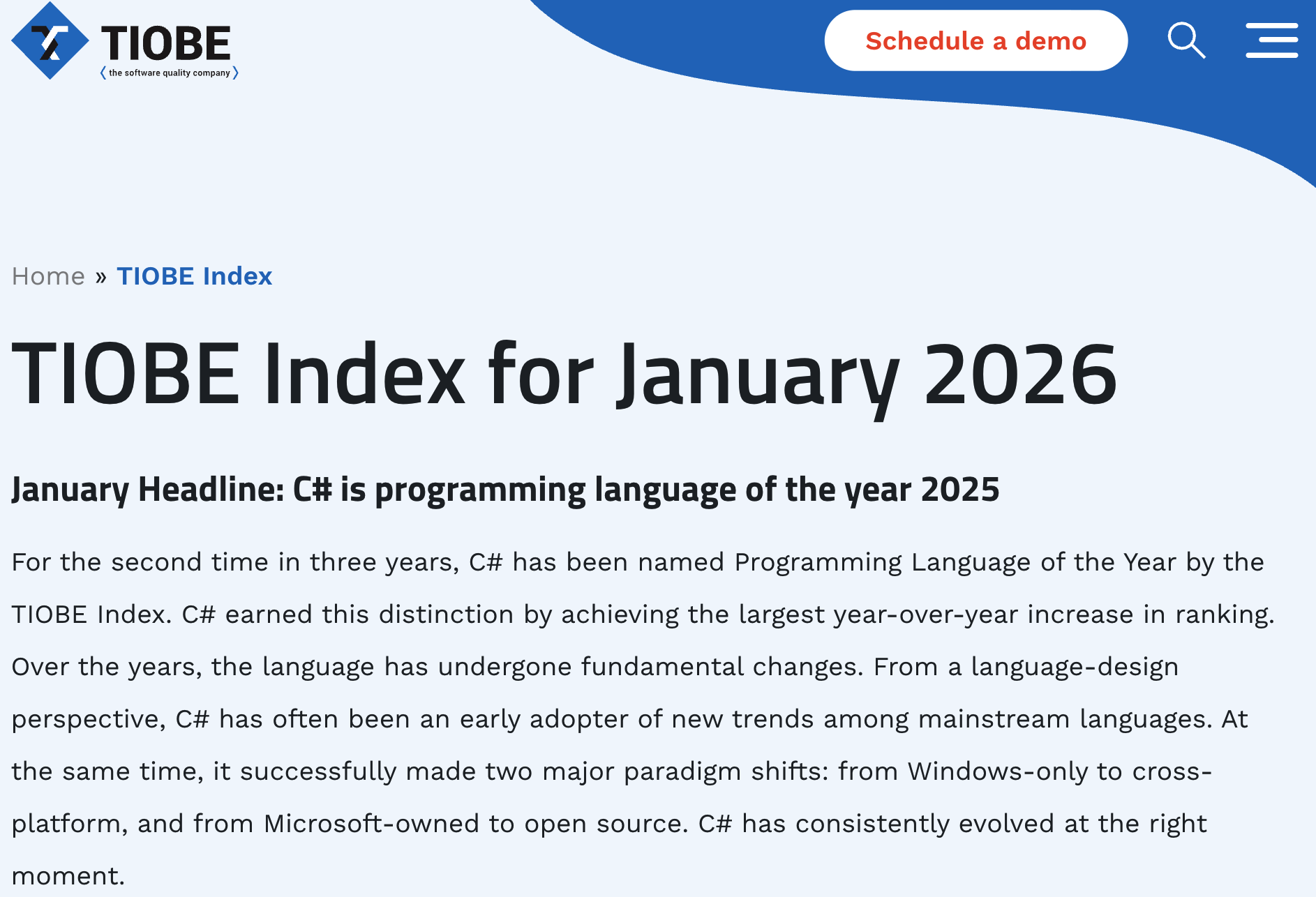 C#登顶2025年TIOBE排行榜