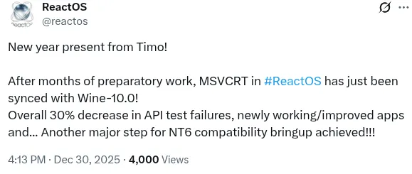 “开源 Windows” ReactOS 向兼容 Windows NT6 迈出关键一步