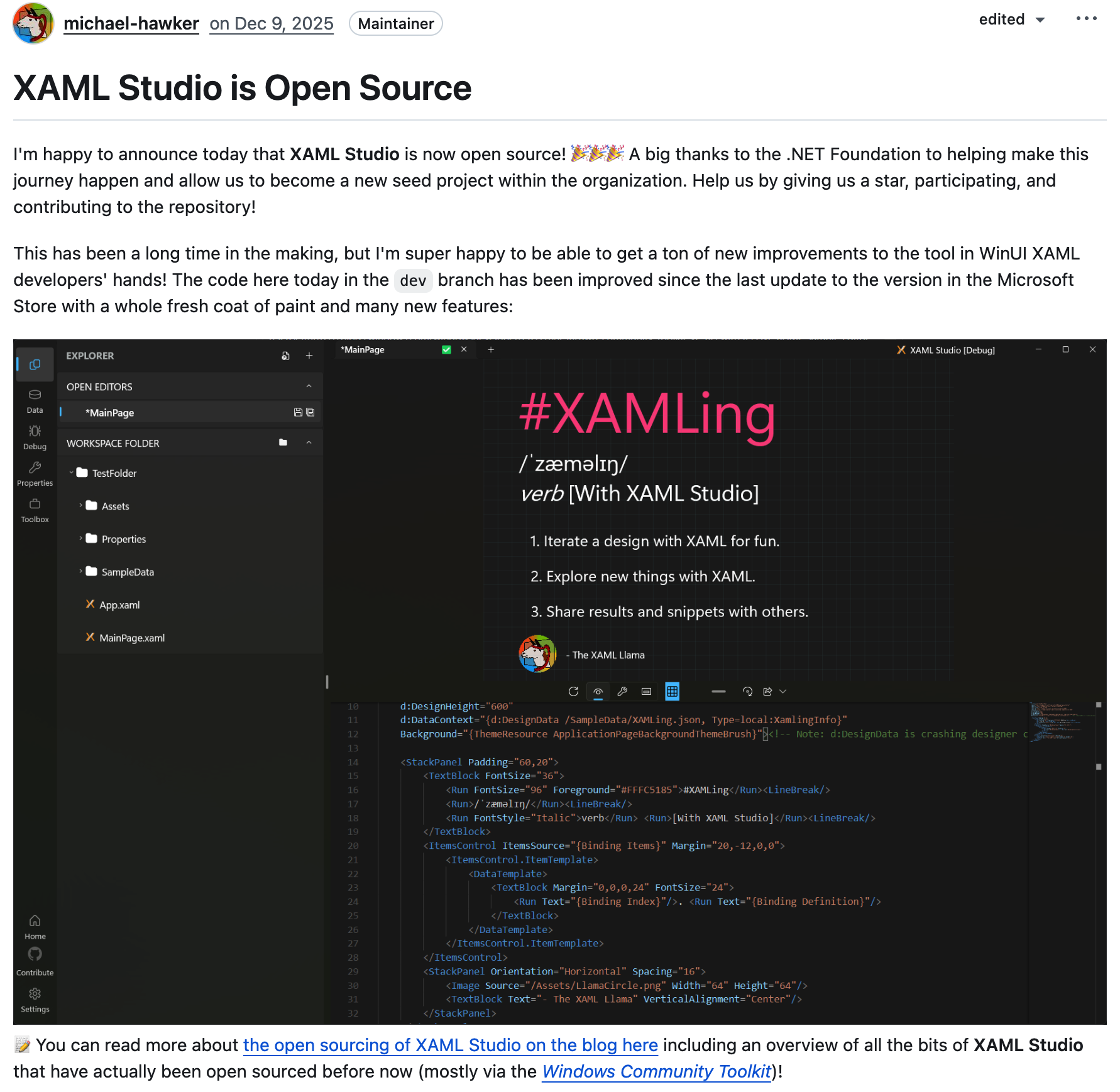 XAMLStudio开源，入驻.NET基金会
