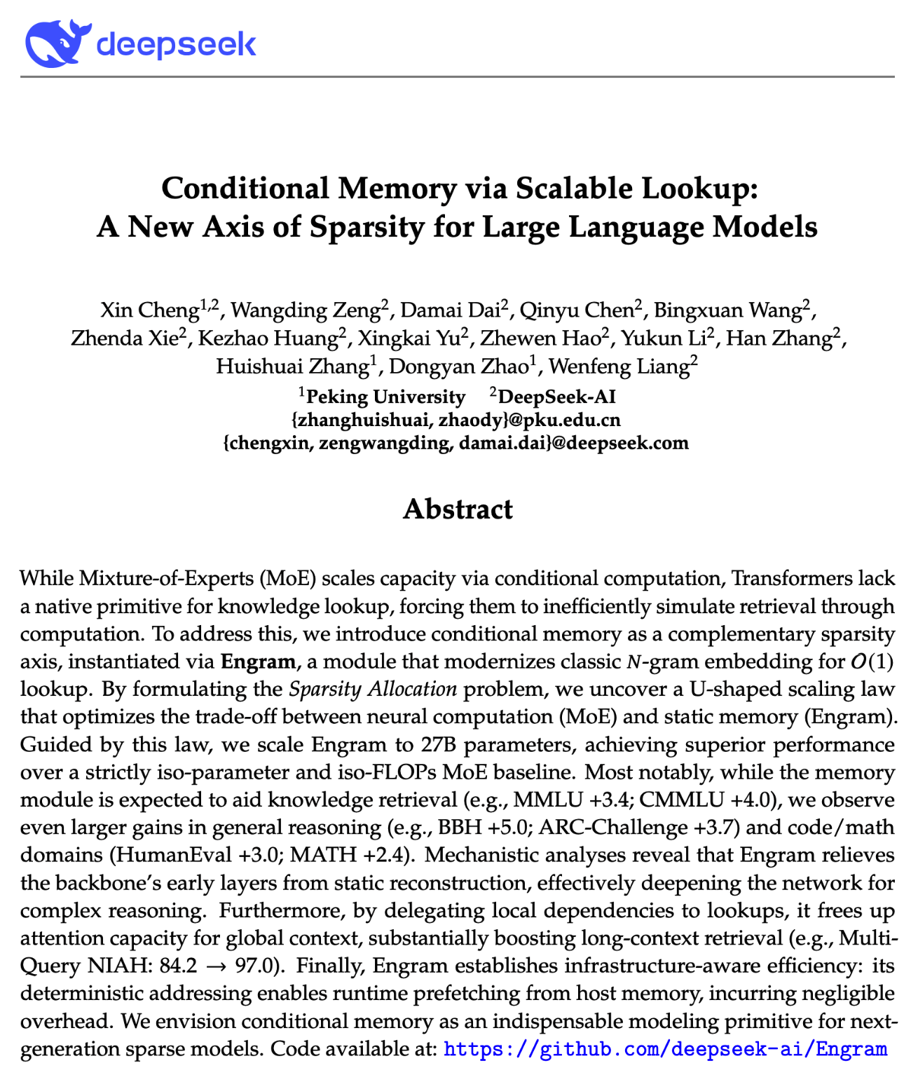 DeepSeek推出可扩展查找记忆技术